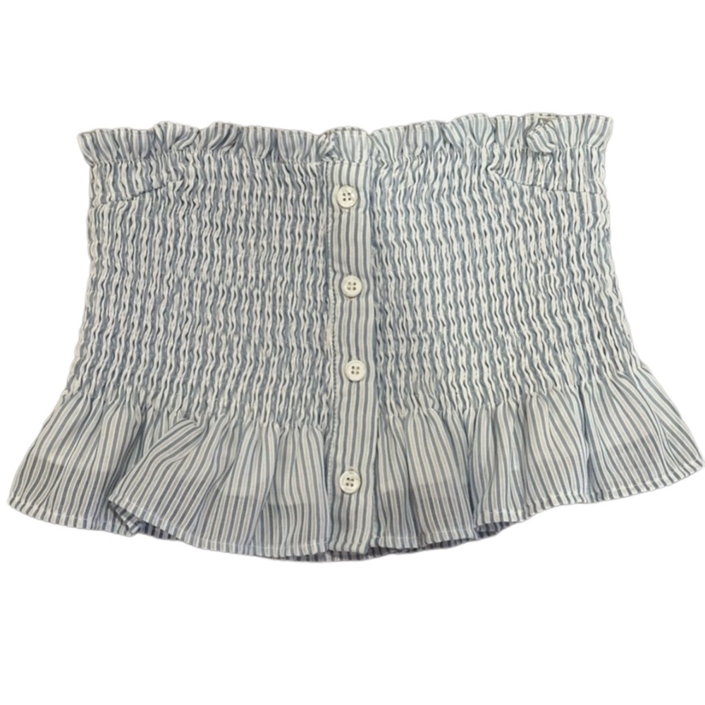 Blue and White Striped Ruched Button Front Tube Bandeau Top